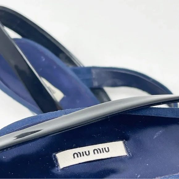 Miu Miu Navy Black Suede Patent Leather Slingback Sandals Heels 39.5 - Picture 6 of 11